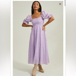 Altar'd State Magnolia Midi Dress purple puff sleeves medium EUC